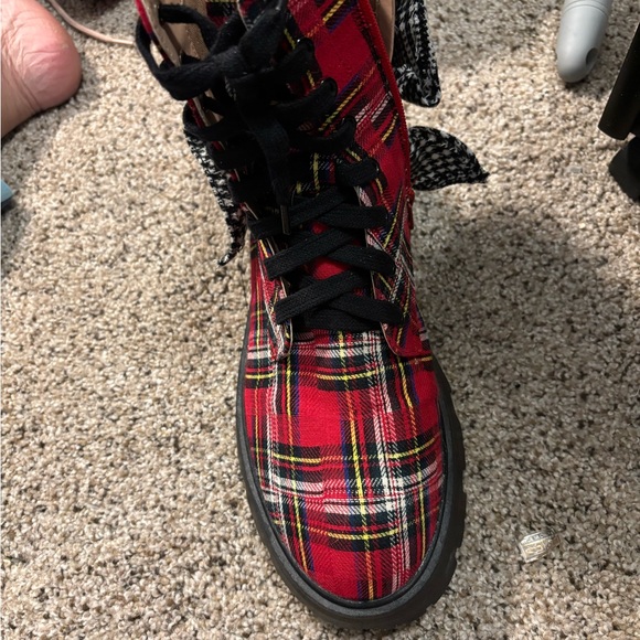 Betsey Johnson Red Plaid Lace-Up Boots with Black Soles - Picture 2 of 5